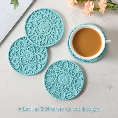 Colinda Silicone Coasters - Set of 6 with Holder, Non-Slip Cup Mats for Hot and Cold Drinks, Decorative Designs, Gift Ready Packaging,Turquoise - color: Turquoise