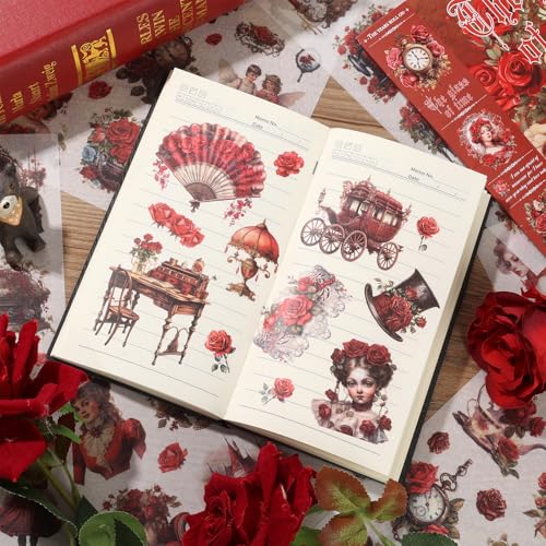 Vintage Ephemera Sticker 24 Sheets precut 300 washi Stickers Paper Journal Stickers for Adults People Scrapbook Stickers Scrapbooking Supplies - color: Red
