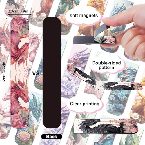 Wxiben Cool Dragon Magnetic Bookmark - 30Pcs Flower Dragon Bookmarks Magnets Unique Animal Book Marks Page Magnets Marker Clip Gifts for Book Lovers Reading Bookworms Office Supplies - style: Cool Flower Dragon