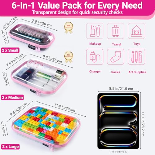 YQBRAO Clear Hard Shell Zipper Cases, 6 Multi-Size Organizers, Pink - color: Pink, size: 6 Pack (2L+2M+2S)