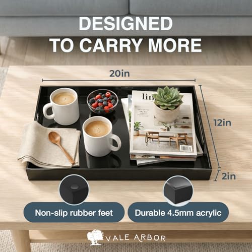 Black Large Acrylic Serving Tray 20x12, Waterproof Modern Coffee Table Tray with Handles, Decorative Rectangle Acrylic Organizers for Living Room, Bar Cart, Bathroom Decor & Vanity Desk Decor - color: Black, size: 12" x 2" x 20"