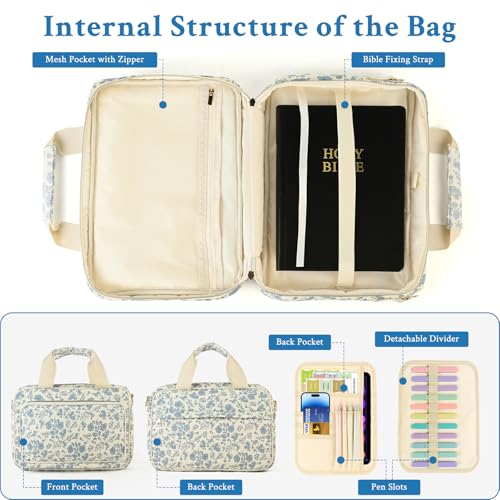 Bible Cover Case for Women, Large Quilted Bible Bag with Bible Study Supplies 5*Sticker & 5*Highlighter & 5*Pen, Stylish Church Bag Journaling Kit, Mothers Day Christian Gifts (Blue Floral) - color: Blue Floral