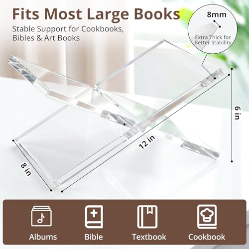 Acrylic Book Stand 12×8×6, Clear 8 mm Thick Book Holder & Display Stand for Cookbooks, Bibles, Art Books, Recipe Books, Photo Albums, Desk Reading & Coffee Table Décor - size: 8mm Thick-12*8*6in