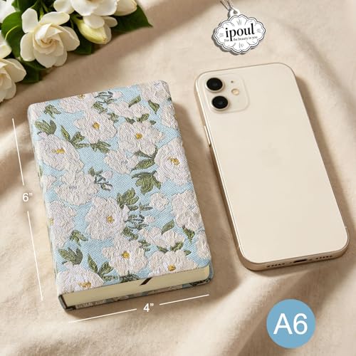 Pocket Notebook, A6, 4x6, Small Embroidered Journal, Cute Notebook, Lay Flat, Hardcover, Lined Notebook & Sketchbook, Personal Writing Journal for Women, Blue Journal, White Gardenia Flower - color: A6-Cute Gardenia