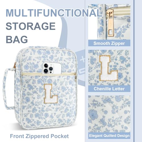 Personalized Initial Bible Cover Case for Women Girls Kid - Large Quilted Bible Case with Handle,Chenille Letter Bag Study Supplies,Christmas Gifts for Christians Birthday Graduation(Blue Flower-L) - color: Blue Flower, size: letter-L