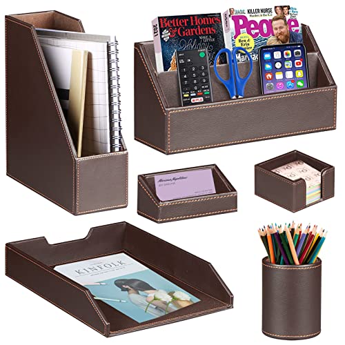 Ayunga PU Leather 6-piece Office Supplies Combination Set,Pencil Cup,Business Card Holder,Sticky Note Dispenser,Mail Sorter,Letter Tray,Files Holder,Suitable for Self-use and Friend Gifts (Brown) - color: Brown