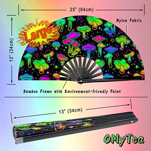 OMyTea Rave Hand Fan Foldable for Women/Men/Drag Queen - Large Clack Festival Folding Hand Fan - for EDM, Music Festival, Event, Party, Dance, Performance (Green Mushroom) - color: Green Mushroom