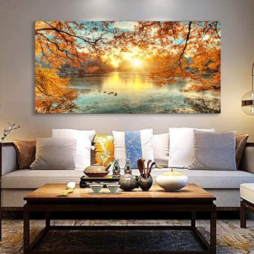 Yxbhhym-Landscape Tree Canvas Wall Art Fall Forest Sunset Wall Decor Poster Lake Water Pictures for bedroom wall decor Natural Scenery Paintings Artwork Large Living Room Decor Home Office Decoration - color: Bblanndscape, size: 48"L x 24"W