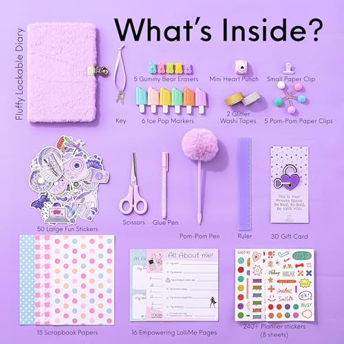 HAPPY LOLLI Purple LolliME DIY Journal Kit for Tween & Teen Girls Ages 8–14, Birthday Gift, 300+ Pieces Lockable Diary Set, Arts & Crafts, Scrapbook & Creative Journaling - color: Purple LolliME