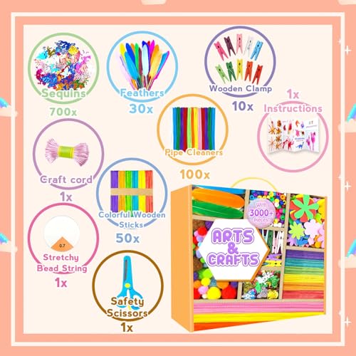Arts and Crafts Supplies for Kids - 3000Pcs Craft Kit with Pipe Cleaners Crafts for Kids All in Art Crafting Box DIY School Supplies Materials Set Toys Gifts for Girls Boys Age 4 5 6 7 8 9 10 11 & 12 - color: Orange