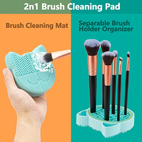 TailaiMei 2 in 1 Makeup Brush Cleaning Mat With Drying Holder, Silicon Cat Shaped Cleaner Pad, Cosmetic Organizer Rack, Portable Washing Tool for Makeup (Green) - color: Green, Cleaner sponge with brush holder