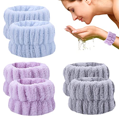 6 Pcs Wrist Spa Washband Microfiber Wrist Wash Towel Band Wristband Scrunchies for Washing Face - color: Grey+ Purple+Blue