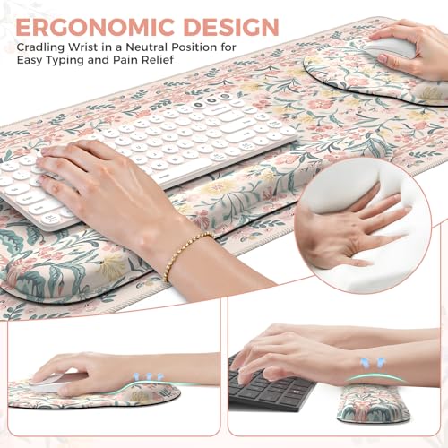 iCasso Desk Pad Mat, Large Mouse Pad and Keyboard Wrist Rest Set - color: Pink Flowers