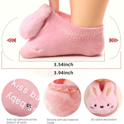 4 Pairs Baby Girl Socks with Non-Slip Grips,Cute Rabbit Low Cut Ankle Socks for Newborn Toddler Infants 0-6 Months - color: Blue Pink Purple White
