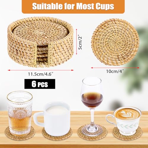 Drink Coasters Set of 6-Handwoven Rattan Coaster with Holder,Natural Rattan - style: Natural Rattan