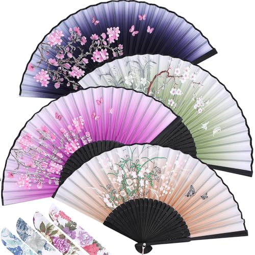 Zonon 4 Pack Hand Held Folding Fans for Women Silk,Fresh - style: Fresh
