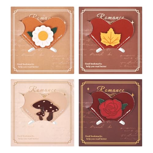 VYRANA 4Pcs Leather Heart Bookmarks - Cute Corner Book Marks Sets for Reading, Vintage Read Lover Gifts for Women Men Teens Kids Reader, Stylish Book Markers for Reading, Ideal Gifts for Planner - style: Heart Plant