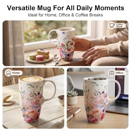 Topadorn 17oz Ceramic Coffee Mug with Lid, Floral Travel Mug with Handle - color: Pink Floral