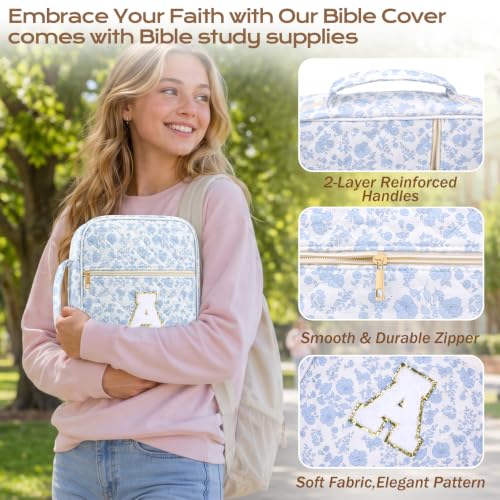 XKDOUS Bible Cover for Women Bible Bag Kit Church Book Holder Carrying Case - color: Blue Rose With Letter a
