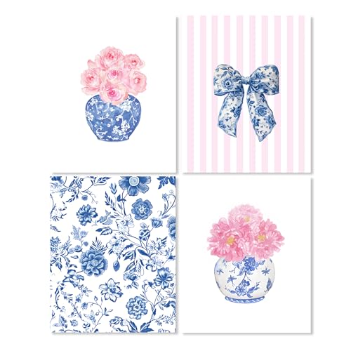 LUKIPOM Blue and White Chinoiserie Floral Wall Art Prints 8x10 Set of 4, Grand Millenial Decor, Coquette Bow Chinoiserie Porcelain Pink Floral Wall Art Posters for Home Bedroom Decor, Unframed - color: Color 001