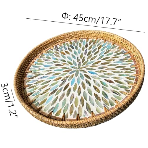 i-lan 18-Inch Large Round Mother of Pearl Rattan Decorative Serving Tray - size: 17.8"
