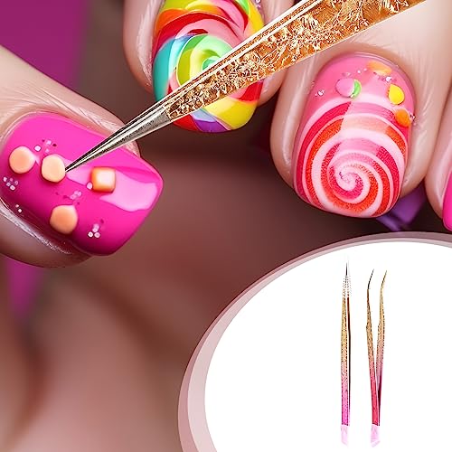 Ouligay 2Pcs Double Ended Nail Art Tweezers Stainless Steel Tweezer Straight Curved Tip Tweezers with Silicone Pressing Head for Nail Crafts Rhinestone Stickers Jewel Gem Picker Tool