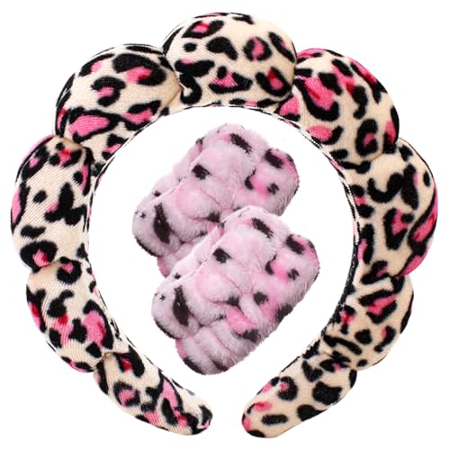 Tetizo Spa Headbands for Washing Face Wristband Set Sponge Makeup Skincare Headband Wrist Towels Bubble Soft Terry Towel Cloth Hairband for Women Puffy Headwear Non Slip Thick Thin Hair Headwear - color: Leopard Red