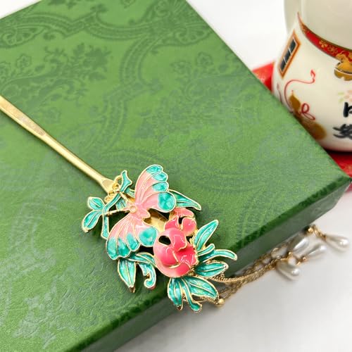 Peony with Pearl Tassels Hairpin Chinese Hanfu and Han Style Hair Retro Flower with Metal Handmade Hair Clip Hair Accessories for Women Girls Long Hair (Peony Flower) - color: Peony Flower