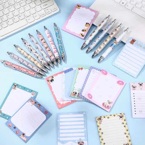 Dispowreath 24 Pcs Pug Sticky Notes with Pens Dog Puppy Themed Party Favors Gifts Cute Notepad Memo Notes Pads Black Ink Ballpoint Pen for Pug Lover Christmas Gifts Office - style: Pug