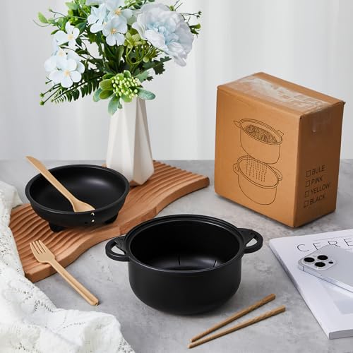 2 Sets 45oz Cute Pig Ramen Bowl Set Microwavable, Black, Dark Green - color: Black,Dark Green
