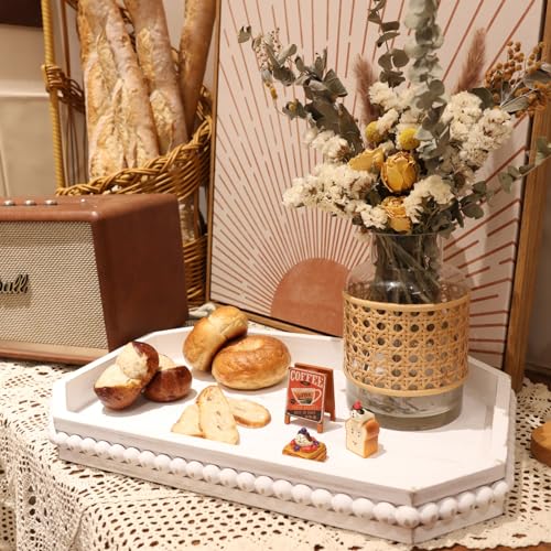 Hrastany Whitewashed Wood Serving Tray with Beads, Farmhouse Decorative Tray for Table Centerpiece, Christmas Wedding Halloween Home Decor - color: Whitewashed-c8, size: 15.7" x 10.2" x 1.6"