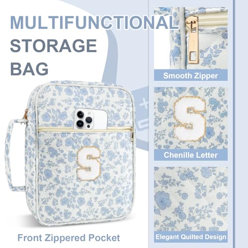 Personalized Initial Bible Cover Case for Women Girls Kid - Large Quilted Bible Case with Handle,Chenille Letter Bag Study Supplies,Christmas Gifts for Christians Birthday Graduation(Blue Flower-S) - color: Blue Flower, size: letter-S