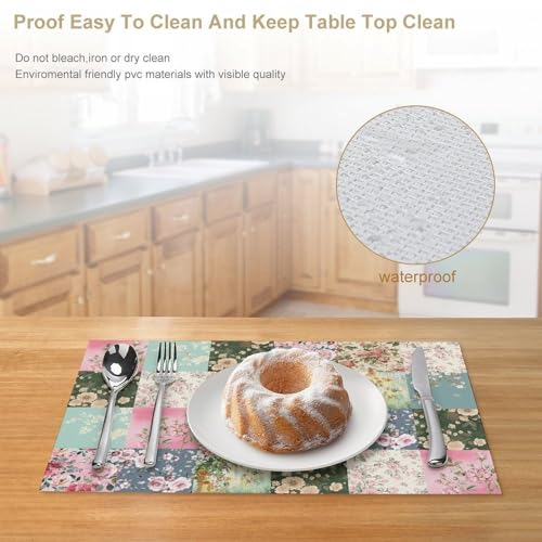 Boho Floral Placemats Set of 4, 12x18 Inch Vintage Colorful Patchwork Retro Flower Plaid Spring Farmhouse Holiday Coffee Table Mats for Party Kitchen Dining Decoration - color: Pm-patchwork02, size: 4pcs