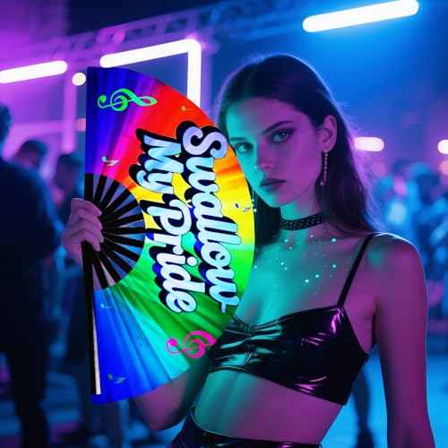 SYNTECSO Folding Hand Fan for Rave, UV Glow Clack Fan - color: Swallow My Pride