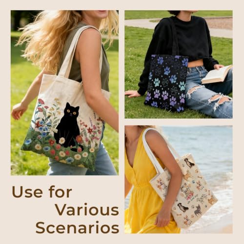 Cute Canvas Tote Bag for Women, Book Totebag with Zipper Pocket - color: Boho Leaves