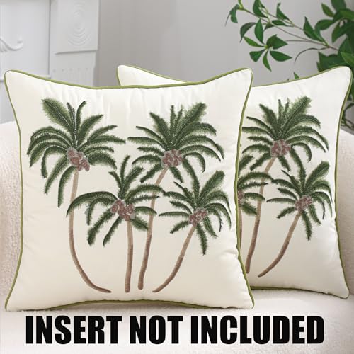 Embroidered Throw Pillow Covers 18x18 Pack of 2 Green Coconut Trees - color: Green Coconut Palm Trees