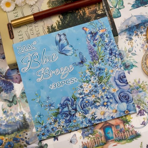 Blue Butterfly Garden Theme Sticker Scrapbooking Supplies for Junk Journal, 30 Sheets PET Stickers - Vintage Journaling Stickers, Ephemera Sticker Book Pre Cut(TZ-005-002) - color: The Blue Wind