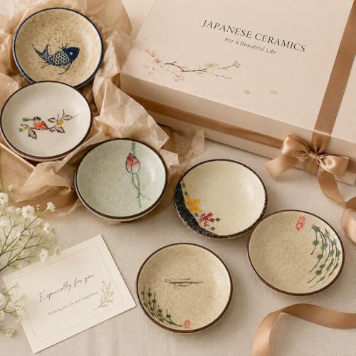 clothmile 4 Inch 6 Pieces Japanese Retro Sauce Dishes Japanese Ceramic Side Bowl Sauce Dishes Asian Chinese Side Dishes Dishes for Sushi Sauce Snack Pinch - color: Japanese Style-1, size: 4 Inch