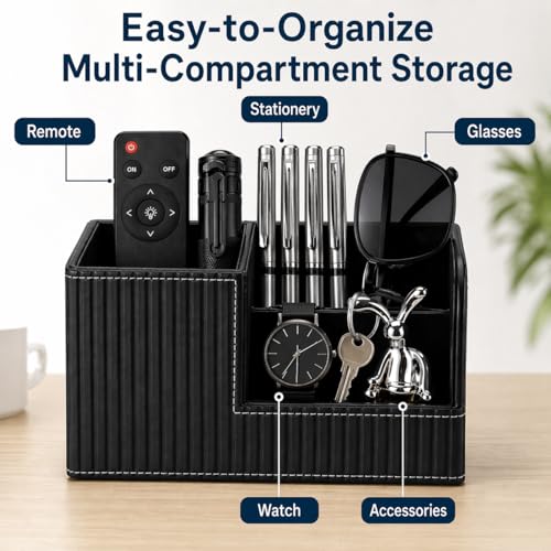 KINGFOM Desk Pen Organizer Office Supplies Caddy Pu Leather Multi-function Storage Box Pen/Pencil,Cell phone, Business Name Cards Remote Control Holder (Black) - color: Black