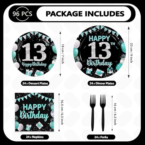 96Pcs Teal Black 13th Birthday Party Decorations, Serves 24 - style: Peacock Blue Black 13th Birthday