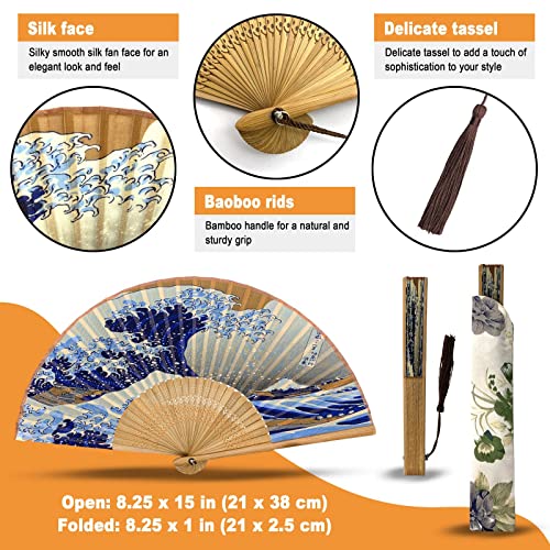 Hand Fan for Women Foldable - Folding Chinese Japanese Vintage Bamboo Silk Fan - Ideal for Hot Flashes, Church, EDM, Festivals, Dancing and Gifts (Kanagawa Wave) - color: Kanagawa Wave