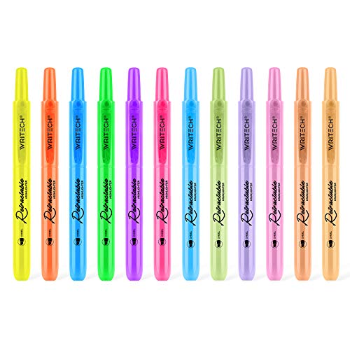 WRITECH Retractable Highlighters Assorted Colors: Chisel Tip Click Aesthetic Highlighter Marker Pens Pack Multi Colored Ink No Bleed Smear for Highlighting Journaling (12ct Neon+Pastel) - color: Neon+Pastel, size: 1 Count (Pack of 12)