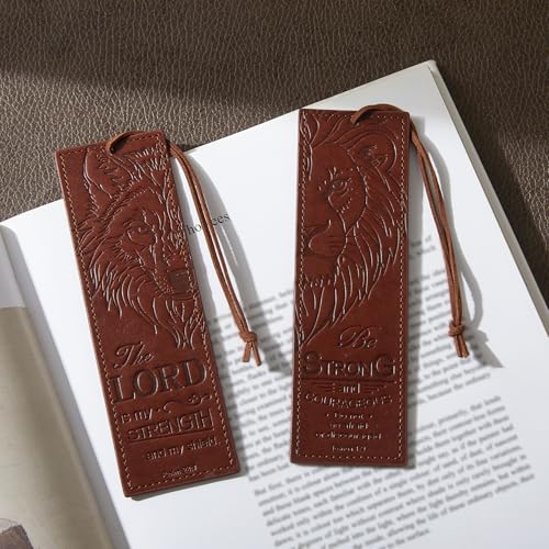 2 Pcs Wolf Lion Leather Bible Bookmark, Christian Bookmarks Gifts for Men Book Marks for Reading Men (Brown) - style: Brown