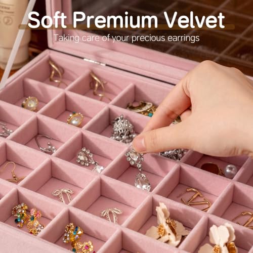 Frebeauty 35 Grid Earring Organizer,Velvet Jewelry Tray with Clear Lid - color: Pink, size: 35 Grid