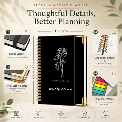 Undated Weekly Planner, Weekly To Do List Notebook with Habit Tracker, A5 - color: Black