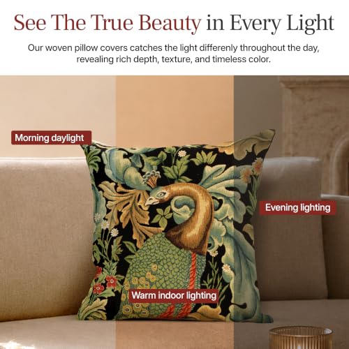 William Morris Black Peacock Woven Tapestry Throw Pillow Cover 18 X 18 in - color: Black Peacock