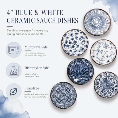 ZENFUN 12 Pcs Soy Sauce Dishes, Tiny Bowls, 3 oz Dipping Bowls for Condiment Sushi, Elegant Mini Bowl for Side Dish, Ketchup, Appetizer Plates, Ceramic, Blue and White - size: mini