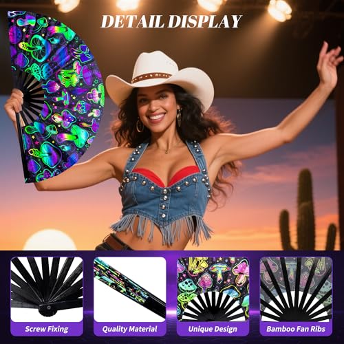 13 Inch Large Rave Fan & Clack Fan for Line Dancing - Folding Hand Fan with UV Glow for Boots on The Ground, Performance, Wedding, Party - Portable Handheld Fan for Women & Men - color: Mushroom*1
