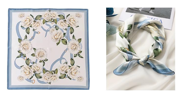 ANDANTINO 100% Mulberry Silk Scarf -21” Square Neckerchief with Gift Packed - color: Floral-pale Blue