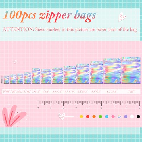 Funfery 100pcs Mylar Holographic Bags-Resealable Zipper&Clear Window - color: Holographic, size: 7 x 10 Inch